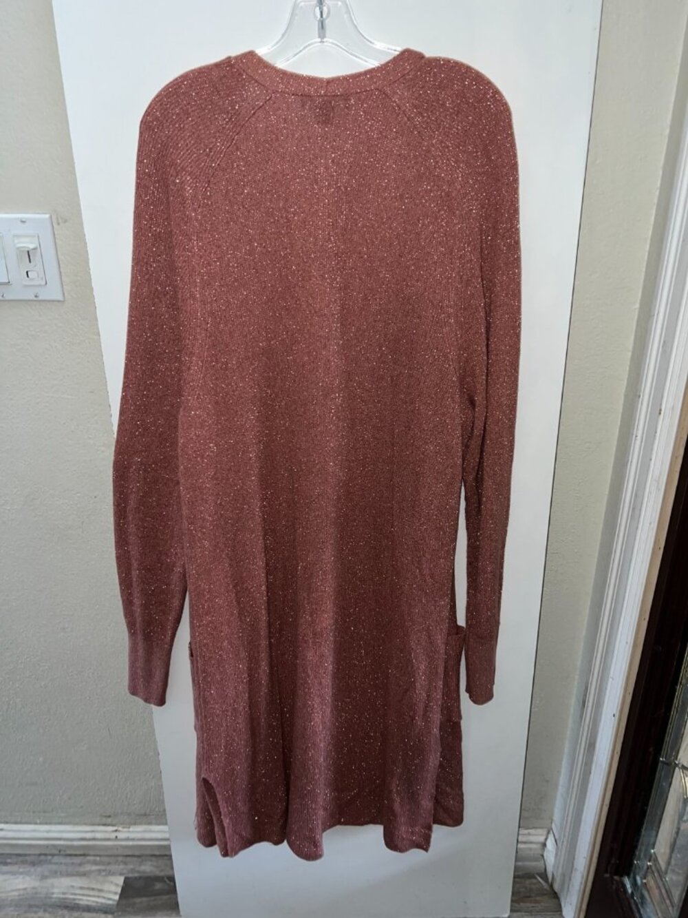 Ann Taylor Duster Cardigan Size XL Metallic Peach? Long Sleeve Pockets Maxi - Picture 9 of 12